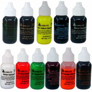 Alumilite’s Dyes are formulated specifically for epoxy resins. They are color fast and will not fade in the sunlight. Depending on the Dye, it be used in in the epoxy create a translucent or opaques color. In most instances, dye can be added up to 5% by weight, although you should always use the smallest amount and build to achieve the desired color.
