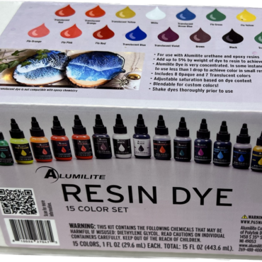 Kit Includes: 

Opaque: Black, white, Brown

Transulcent: Ocean Blue, Blue, Red, Violet, Yellow, Orange and Green.

Fluorescent: Green, Orange, Pink, Yellow, Red.

Alumilite’s Dyes are formulated specifically for epoxy resins. They are color fast and will not fade in the sunlight. Depending on the Dye, it be used in in the epoxy create a translucent or opaques color. In most instances, dye can be added up to 5% by weight, although you should always use the smallest amount and build to achieve the desired color.